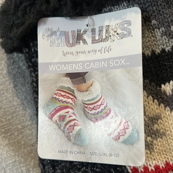 Women’s cabin sock. Gray, red and charcoal coloring. Non-slip grip bottom. - Picture 2 of 3